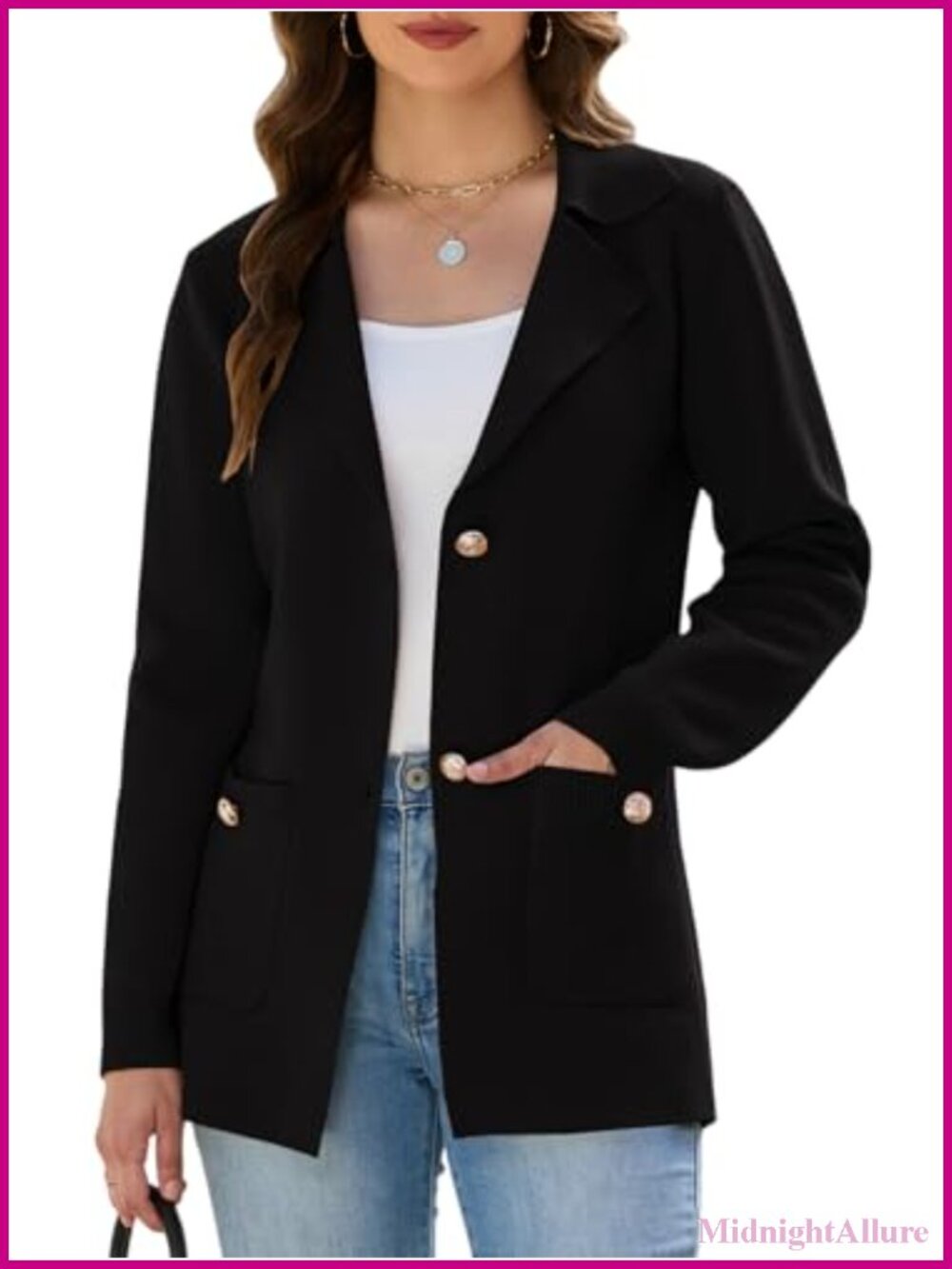 Knit Sweater Blazer Long Sleeve Button Front Notch Lapel Suit Jacket with